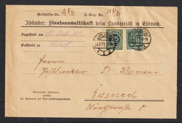 MiNr. D 23, 31 auf Brief "Staatsanwaltschaft" EISENACH 13.7.21, Rückseite Vignette  (ad20)
