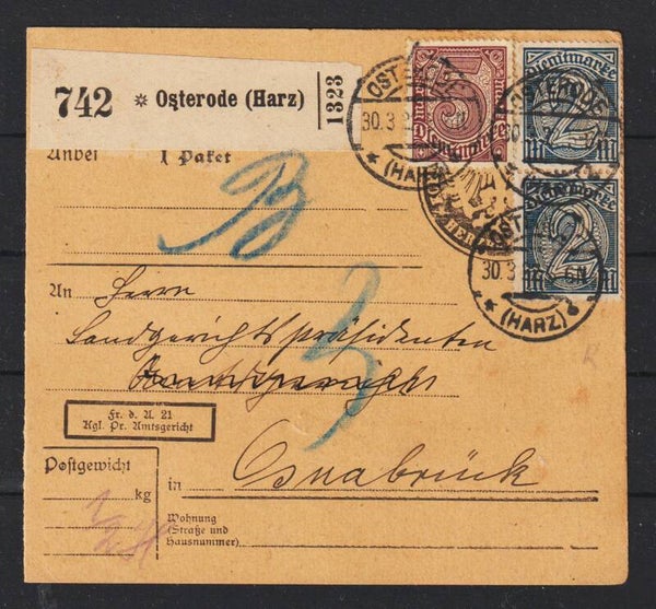 MiNr. D 32, D 33 auf Paketkarte  OSTERODE 30.3.22  (ad20)