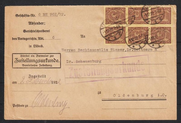 MiNr. D 33 (6x) auf Brief mit Zustellurkunde LÜBECK 1.12.22   (ad20)