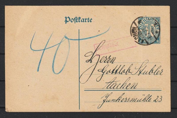 Ganzsache DP I  AACHEN 8.7.27, Portokontrolle, Nachgebühr  (ad20)