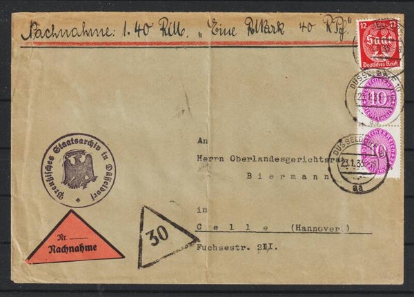 MiNr. 545, D 125 auf Nachnahme Brief  DÜSSELDORF 23.1.35    (ad27)