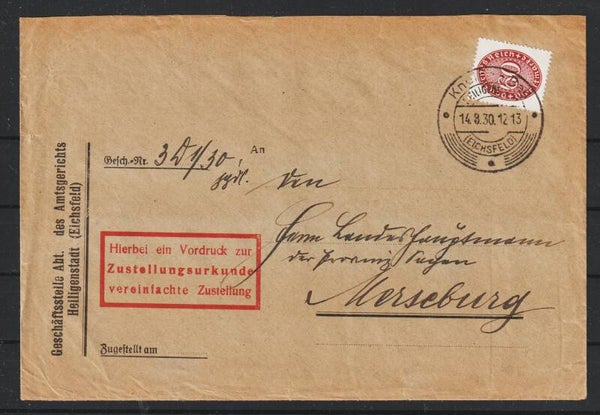 MiNr. D 122 auf Brief mit Zustellurkunde KNEIPP-BAD EICHSFELD 14.8.30 (ad27)