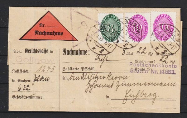 MiNr. D 116, 125 auf Nachnahme-Brief GOLLNOW  1.9.33 (ad27)