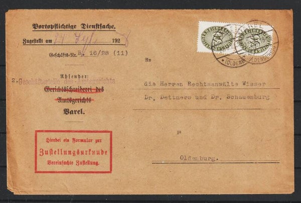 MiNr. D 120 auf Brief mit Zustellurkunde VAREL 22.9.28  (ad27)