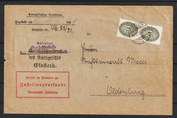MiNr. D 120 auf Brief mit Zustellurkunde  ELSFLETH 14.3.31    (ad27)