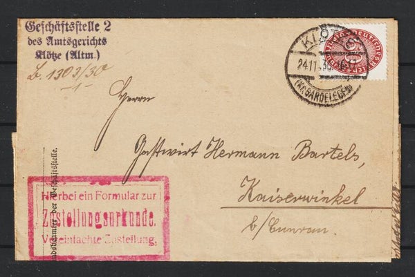 MiNr. D 122  Brief mit Zustellurkunde KLÖTZE 24.11.30 CUNRAU 24.11.30  (ad27)
