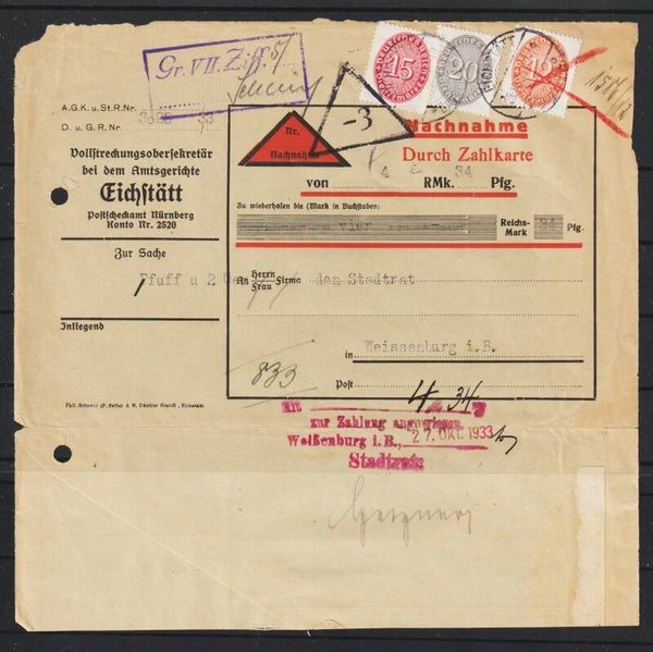 MiNr. D 124, 126, 129 auf Nachnahme EICHSTÄTT 26.10.33 (ad27)