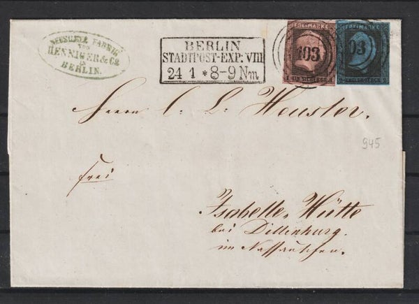Preussen MiNr. 2 + 3 auf Brief  BERLIN  (ag)