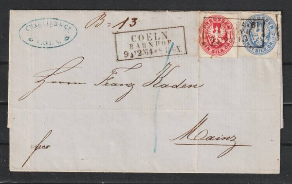 Preussen MiNr. 16, 17 auf Brief CÖLN BAHNHOF 9.12.64  (ag)