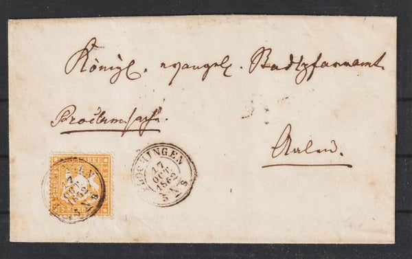 Württemberg MiNr. 17 ya EF auf Brief  PLOCHINGEN 17.OKT.1862, geprüft (ag)