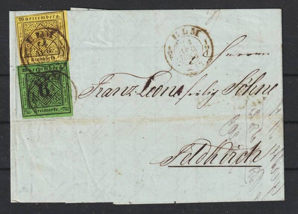 Württemberg MiNr. 2, 3 auf Brief  ULM  14.AUG.1855 (ag)