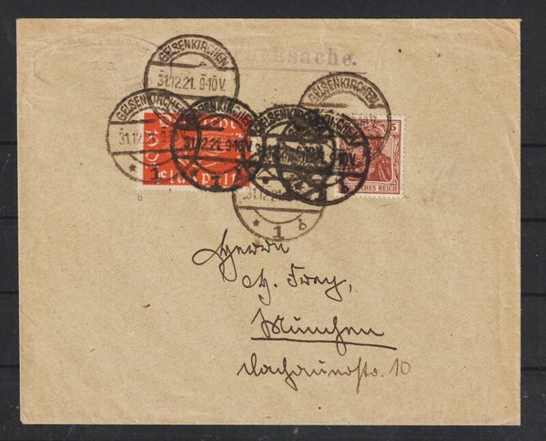 MiNr. 111 b, 140 a auf Drucksache GELSENKIRCHEN 31.12.21, geprüft  (as1919)