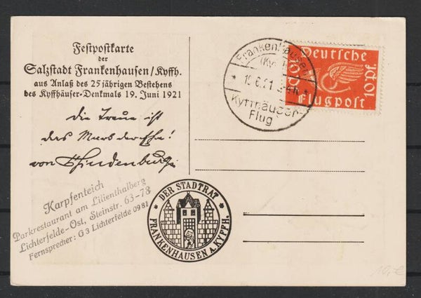 MiNr. 111 Postkarte, FRANKENHAUSEN KYFFHÄUSER FLUG 19.6.21   (as1919)