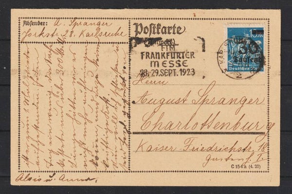 MiNr. 284 EF auf Postkarte KARLSRUHE 19.9.23, Letzttag PP17  (as277)