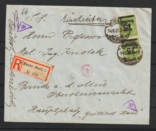 MiNr. 287 MeF R-Brief. MÜNSTER  14.9.23, zensiert   (as277)