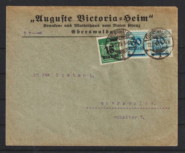 MiNr. 279, 285 (2x) auf Brief EBERSWALDE 12.9.23   (as277)