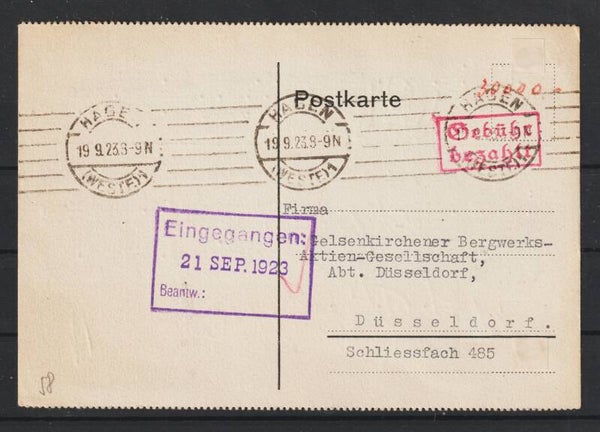 roter R2 "Gebühr bezahlt"  HAGEN 19.9.23   Letzttag PP 17   (as277)