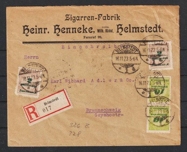 MiNr. 326 B (2x), 328 portogerechter Firmen R-Brief HELMSTEDT 16.11.23, 5 Vignetten    (as31)