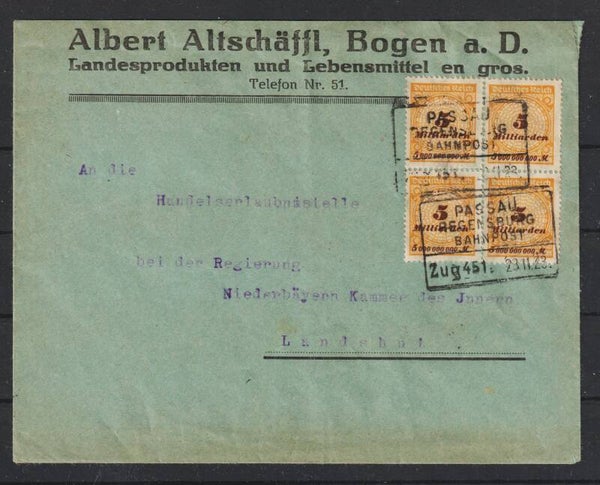 MiNr. 327 A Viererblock, portogerecht, Bahnpoststempel 23.11.23, geprüft   (as31)