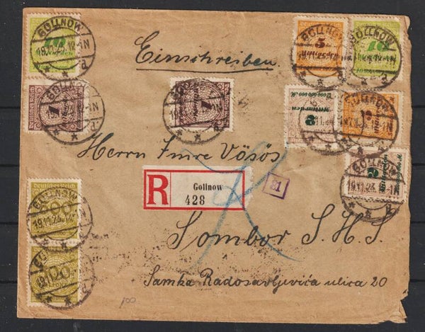 MiNr. 323 B (2x), 325 B, 327 B, u.w. portogerechter Brief GOLLNOW 19.11.23 Letzttag PP 20     (as31)