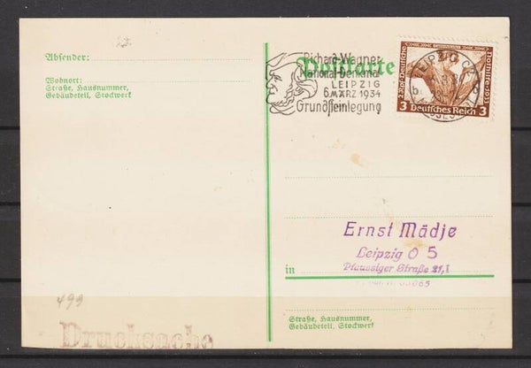MiNr. 499 Drucksache,  SST "Richard Wagner National-Denkmal" LEIPZIG 6.3.34 (as33)