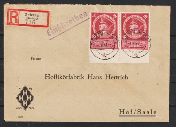 MiNr. 887 MeF auf R-Brief ZWICKAU 3.8.44  (as42)