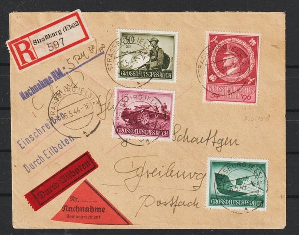 MiNr. 887 auf Eilboten Nachnahme R-Brief STRAUßBURG (ELS.) 6.5.44  (as42)