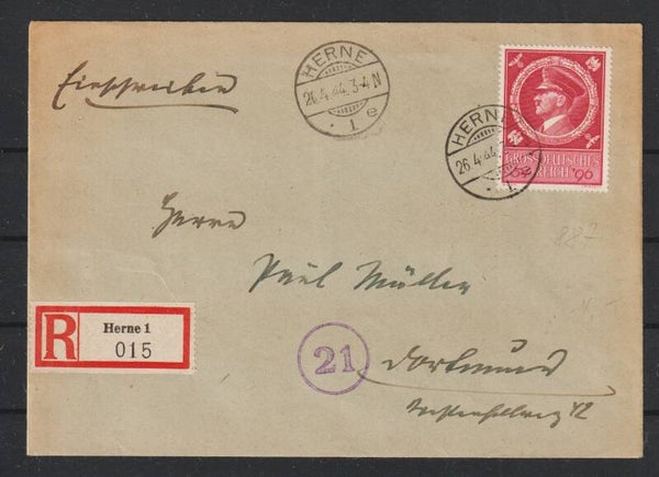 MiNr. 887 auf R-Brief  HERNE 26.4.44  (as42)