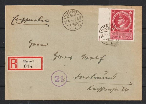MiNr. 887 auf R-Brief  HERNE 26.4.44 (as42)