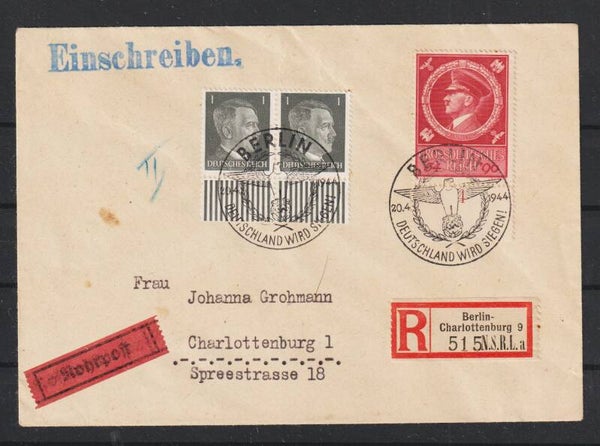 MiNr. 887 auf Rohrpost R-Brief BERLIN 20.4.44 (as42)