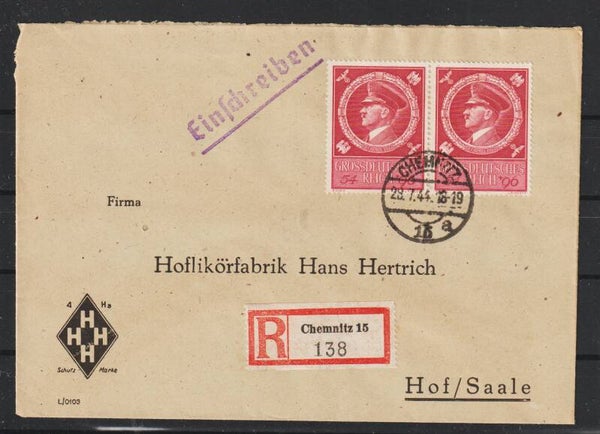 MiNr. 887 MeF auf R-Brief CHEMNITZ  28.7.44  (as42)