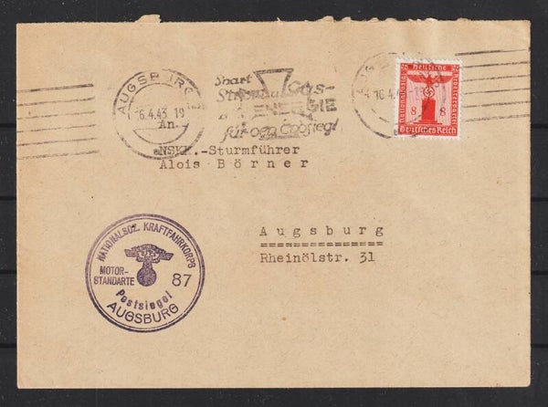 MiNr. D 160 auf Brief "NSKK Motorstandarte 87" AUGSBURG  6.4.43  (as45)