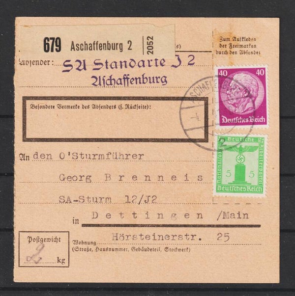 MiNr. 524, D 147 Paketkarte SA Standarte Aschaffenburg J2  4.4.41 (as45)