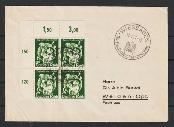 MiNr. 762 Oberrand Bogenecke "Tag der Briefmarke 1941" auf Brief WIESBADEN 12.1.41   (as62)