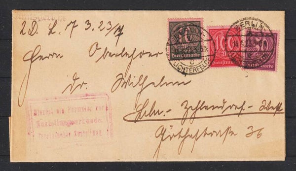 MiNr. D 71, D 73, D 74 auf Brief "Vorladung"  BERLIN LICHTENBERG 14.6.23  (as66)