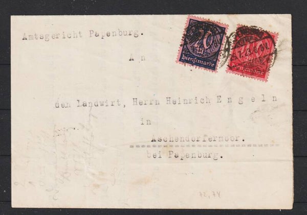 MiNr. D 72, D 74 auf Brief PAPENBURG 26.7.23  (as66)