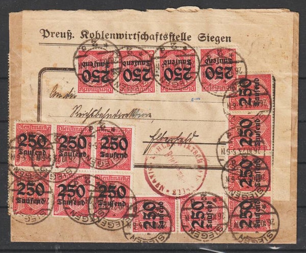 MiNr. D 93 (40x) auf doppelt verwendeten Brief,  SIEGEN 26.10.23 geprüft (as66)