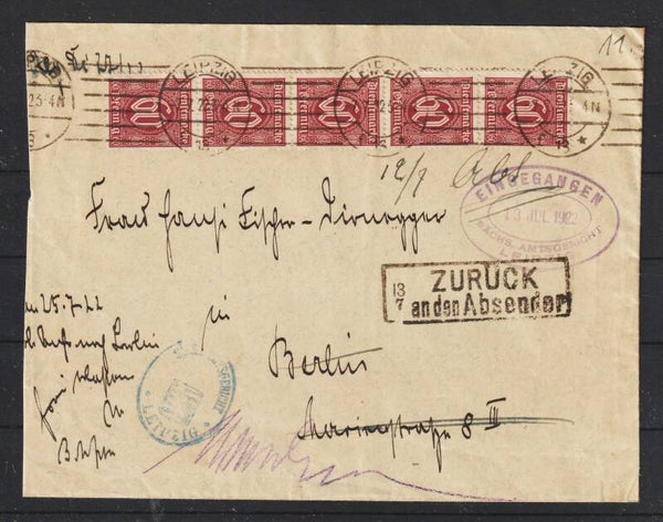 MiNr. 66 a (5x) auf Brief Leipzig 7.7.22 (as66)