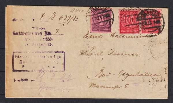 MiNr. D 68 a, D 73, D 74 auf Brief "Vollstreckungs- Zahlungsbefehl"  BIELEFELD 21.3.23  (as66)