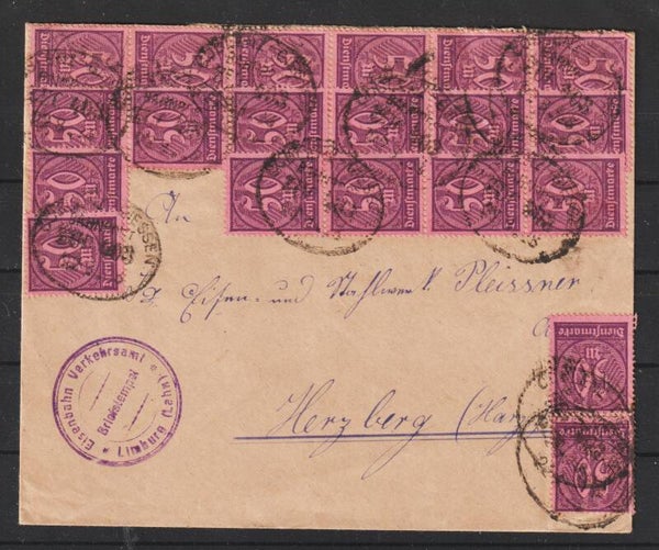 MiNr. 73 (20x) auf Brief  Bahnpost-Stempel COBLENZ-GIESSEN 22.8.23  (as66)