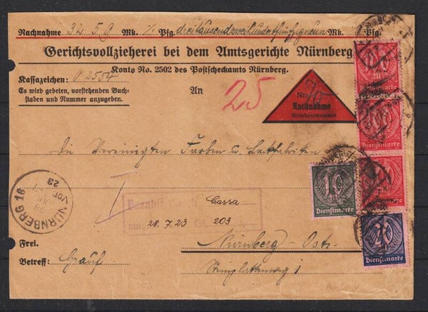 MiNr. 68, 72, 74 auf Nachnahme Gerichts-Brief NÜRNBERG 27.JUL.23  (as66)