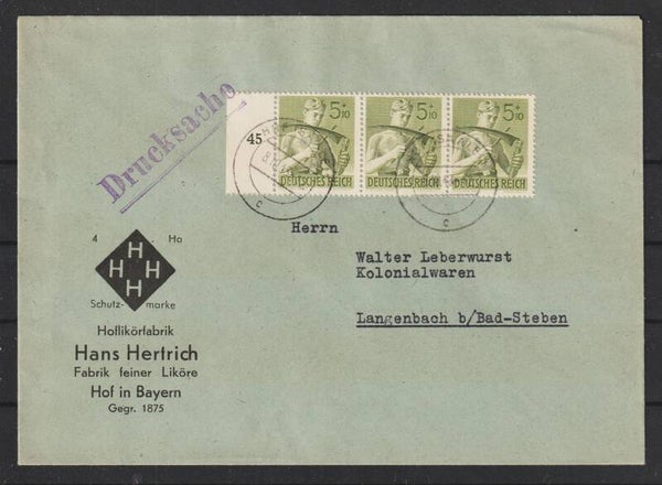 MiNr. 851 Drucksache "Hertrichs-Bitter" HOF 8.10.43  (as83)