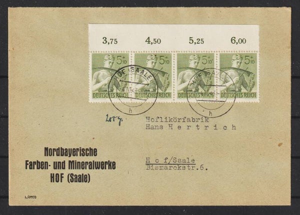 MiNr. 851 Mehrfachfrankatur auf potogerechten Orts-Brief 255 g  "Nordbayrische Farben- und Mineralwerke" HOF 8.10.43