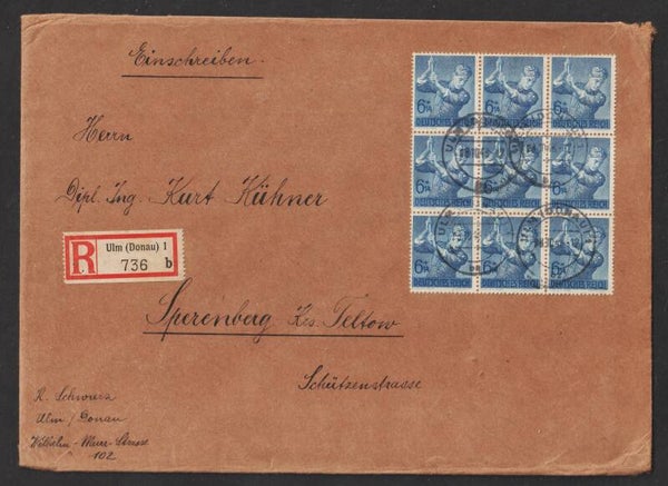 MiNr. 852 Neunerblock auf R-Brief ULM  8.19.43  (as83)