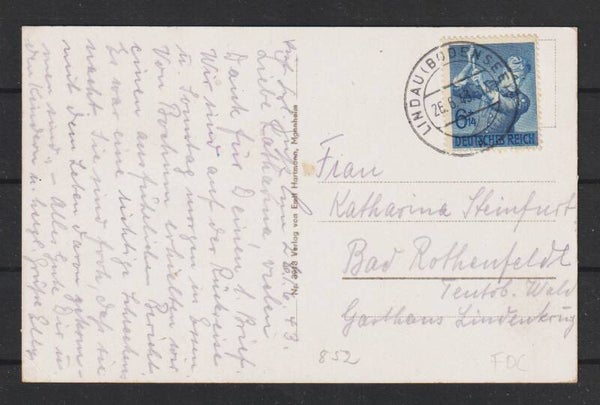 MiNr. 852 FDC, auf AK "Meersburg" LINDAU (BODENSEE) 26.6.43  (as83)