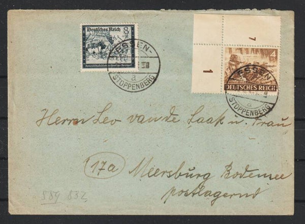 MiNr. 832 Bogenecke; 889 auf Brief  ESSEN STOPPENBERG 29.6.44   (as84)