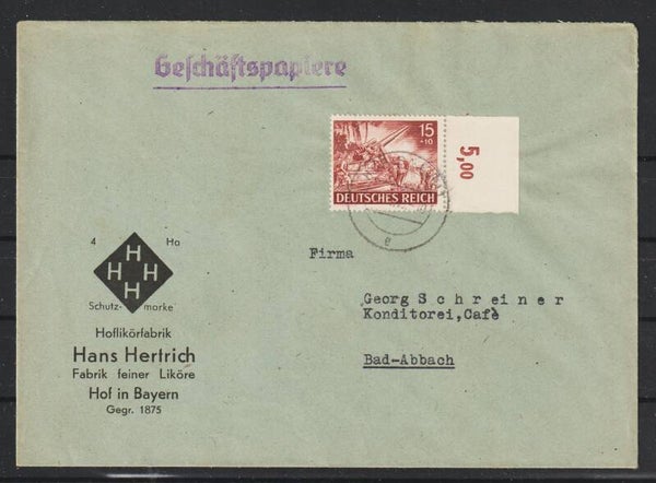 MiNr. 837 auf Brief "Hoflikörfabrik Hertrich" HOF (SAALE) 28.8.43  (as84)