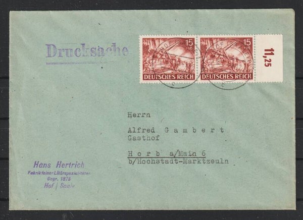 MiNr. 837 Paar auf Brief HOF (SAALE) 8.7.44 (as84)