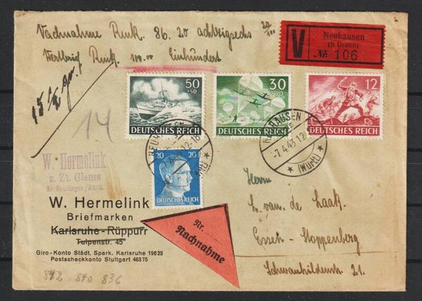MiNr. 842 u.w. auf Nachnahme V-Brief NEUHAUSEN 7.4.43  (as84)