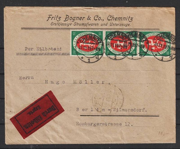 MiNr. 109 (3x) auf Eilboten-Brief CHEMNITZ  24.11.19   (asa1919)
